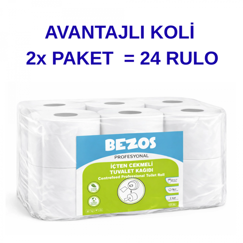 BEZOS PROFESYONEL İÇTEN ÇEKMELİ TUVALET KAĞIDI 24 RULO | MİNİ CİMRİ | 2 KATLI %100 SELÜLOZ 2X12RULO