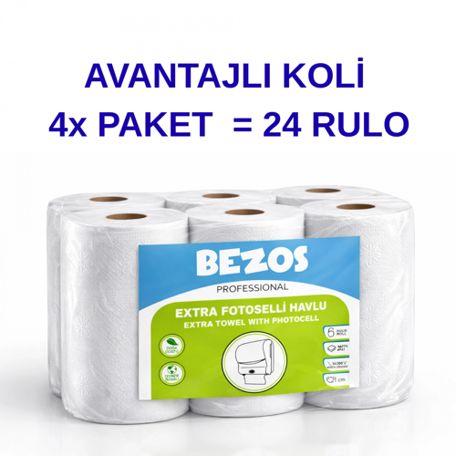 BEZOS PROFESSİONAL FOTOSELLİ HAVLU 24 RULO – 2 KATLI %100 SELÜLOZ 21 CM ENDÜSTRİYEL KAĞIT HAVLU 4X6 RULO
