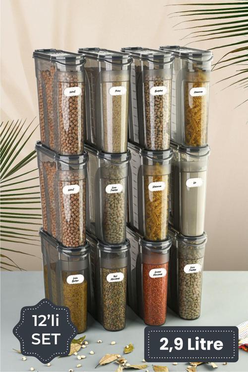 Etiketli 12li Erzak Kabı Set 2900 ml Antrasit
