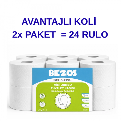 BEZOS PROFESSİONAL MİNİ JUMBO TUVALET KAĞIDI 24 RULO | 2 KATLI | %100 SELÜLOZ | ENDÜSTRİYEL & EV TİPİ KULLANIM 2X12RULO