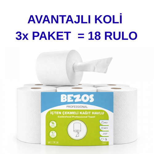 BEZOS PROFESSİONAL İÇTEN ÇEKMELİ KAĞIT HAVLU 3 KOLİ | 18 RULO | ENDÜSTRİYEL KULLANIM