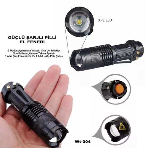 MİNİ GÜÇLÜ ŞARJLI PİLLİ EL FENERİ WT-304