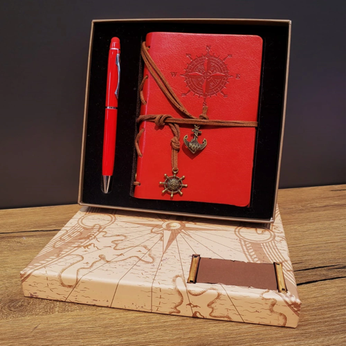 KIRMIZI PUSULA TASARIM DERİ DEFTER VE TOUCHPEN KALEM SETİ