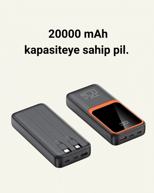 POWERBANK 20000 MAH | 22.5W HIZLI ŞARJ, DAHİLİ KABLOLU, LCD EKRANLI ŞARJ CİHAZI
