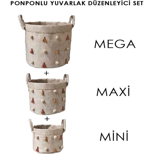 KATLANABİLİR ÇOK AMAÇLI PONPONLU YUVARLAK DÜZENLEYİCİ SAKLAMA KUTUSU ORGANİZER KEÇE (MİNİ BOY) - 03785
