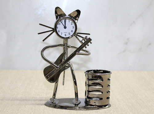Metal Gitar Çalan Kedi Müzisyen Saat Ve Kalemlik