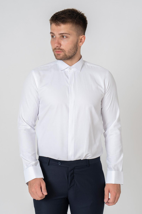 Beyaz Slim Fit Esnek Likralı Ata Yaka Pamuklu Gömlek