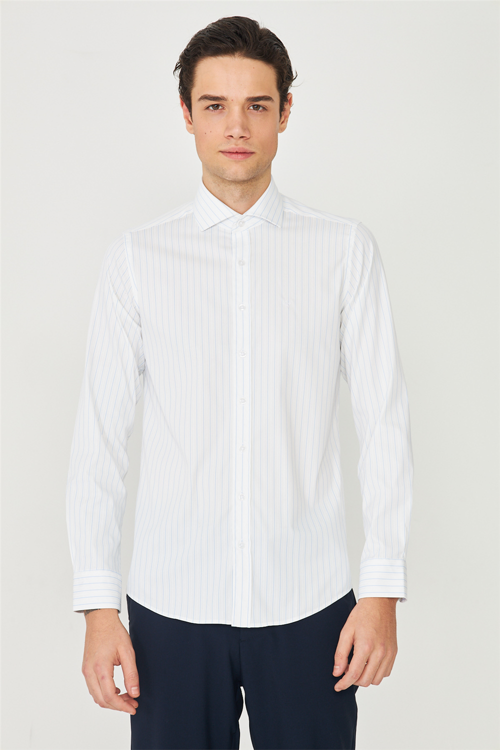 Mavi İnce Çizgili Uzun Kollu Gömlek Slim Fit