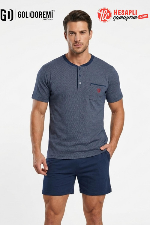 Premium Erkek %100 Pamuklu Düğmeli Yaka Kısa Kol Şortlu Rahat Kalıp Pijama Takım