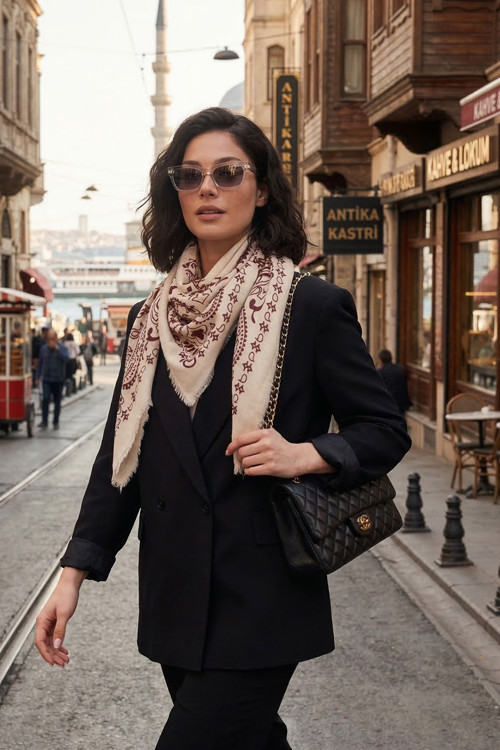 Pamuklu 110 x 110 cm Desenli Bayan Şal 6941400 BORDO