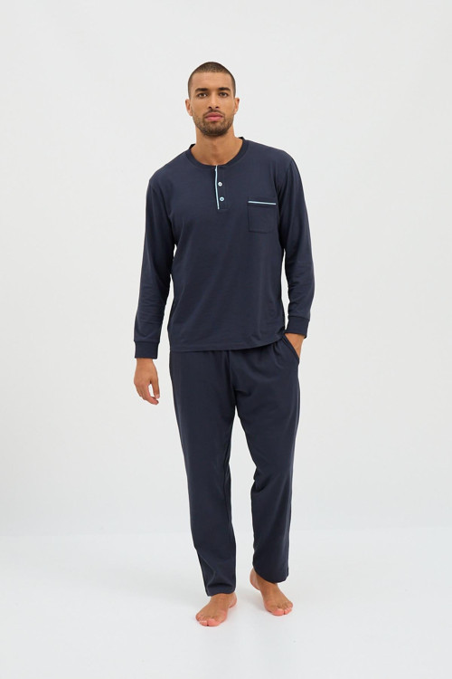Erkek Düğmeli Uzun Kollu Pijama Takımı Lacivert