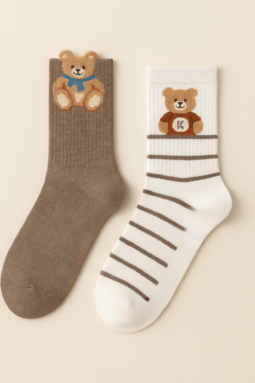 Kadın Teddy Bear Desenli 2'li Soket Çorap Ekru- Kahverengi