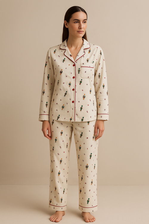 Kadın Yılbaşı Temalı Pijama Takımı Ekru