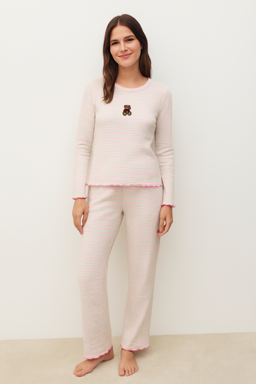 Kadın Teddy Desenli Pijama Takımı Ekru