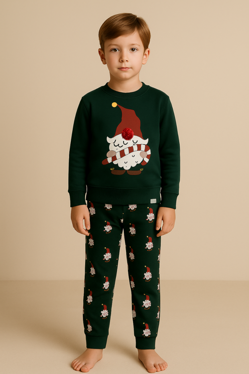 Erkek Çocuk Santa Claus Yılbaşı Temalı Sweatshirt Pijama Üstü Yeşil