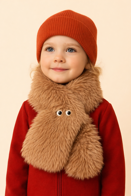 Göz Nakışlı Peluş Atkı Kahverengi