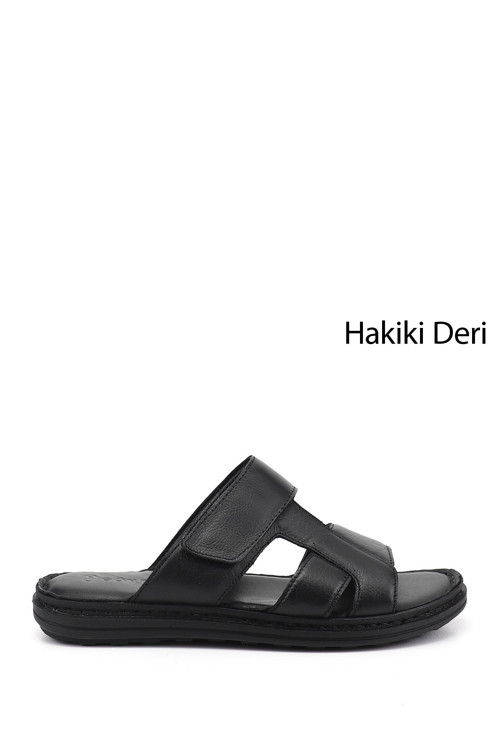 Erkek Siyah Cırt Bantlı Hakiki Deri Terlik