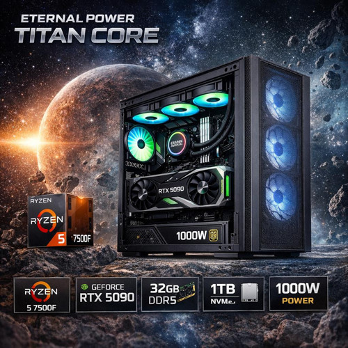 TITAN CORE Ryzen 5 7500F RTX 5090 32GB DDR5 1TB M.2 B650M WIFI 1000W 360mm Gaming PC