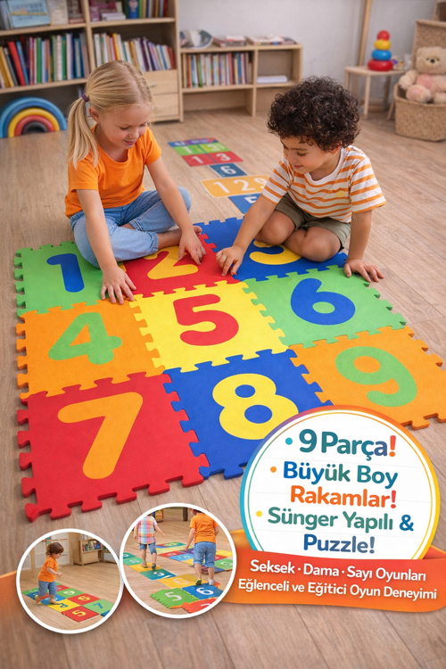 9 Parça Rakamlı Oyun Matı 33x33 cm Sünger Puzzle Yer Karosu Çocuk Eğitim Seti