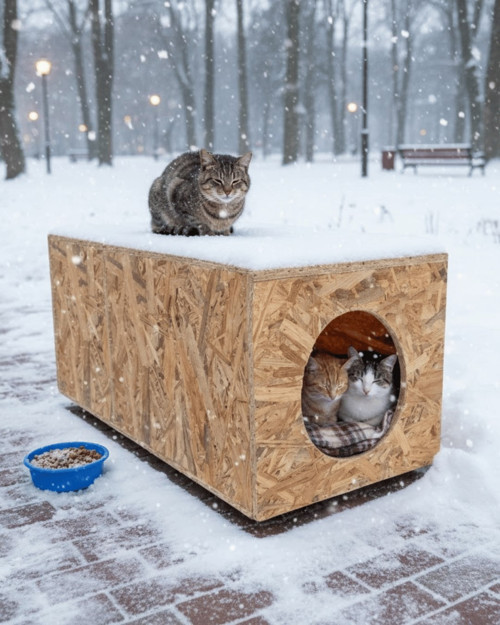 Kedi Evi Dış Ortam Uygun Ahşap Kedi Evi OSB 60x40x40 cm - CAT44