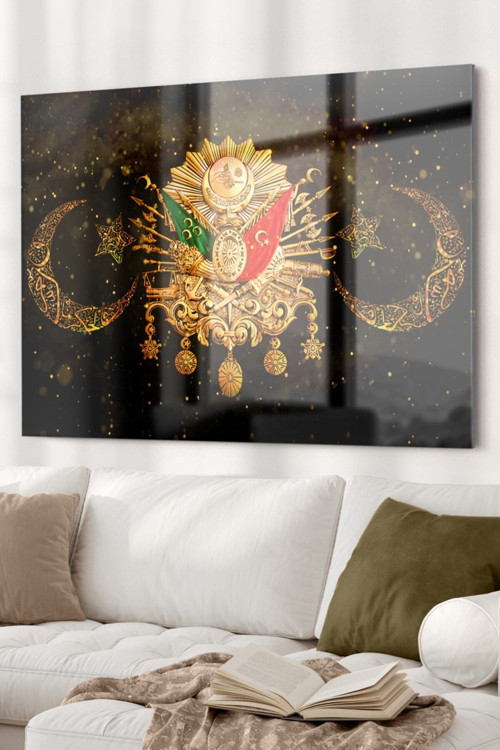Gold Detaylı Osmanlı Tuğrası | Osmanlı Temalı Cam Tablo | 50x70 Cm