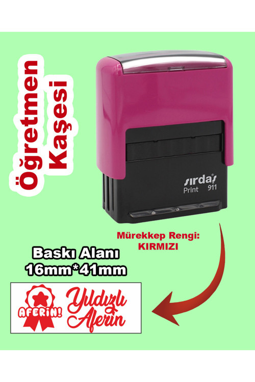 Öğretmen Motivasyon Kaşesi - Yıldızlı Aferin, 911 (16mm*41mm) Kırmızı Keçeli Otomatik Kaşe