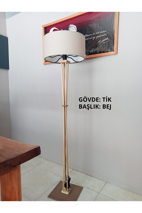 Ahşap Lambader Tik- Natural - Doğal- Bej, Köşe Lambası