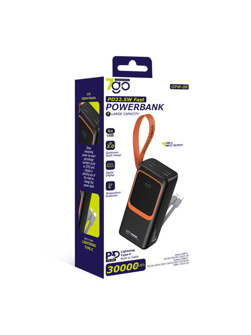 7GO GPW-08 30000mAh PD22.5W Hızlı Şarj Powerbank | 4 USB Çıkışlı, Dahili Type-C & Lightning Kablolu, 3