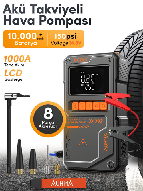 A8822 4-in-1 Akıllı Akü Takviye Cihazı ve Hava Pompası - 10000mAh Powerbank & SOS Fener