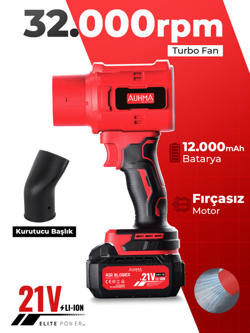 AHV-18 Şarjlı Turbo Fan Hava Üfleyici Kırmızı - 21V Kömürsüz Motor (Brushless) - 32.000 RPM Ot
