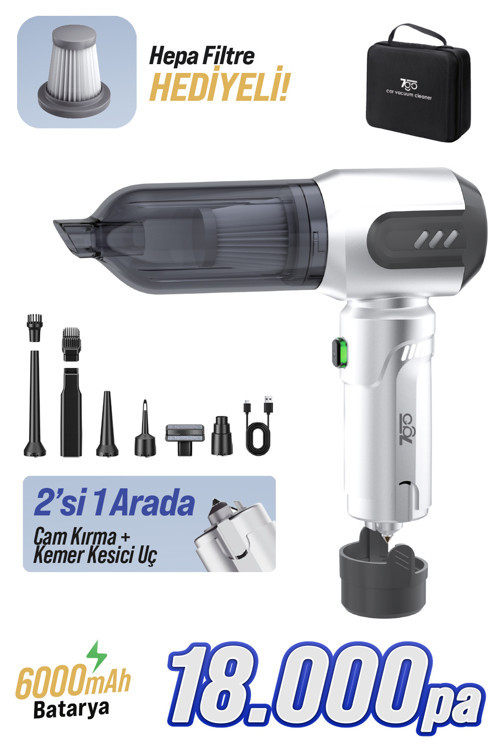 AHV-14 2'si 1 Arada Kablosuz Araç İçi Süpürge Gümüş | 18000PA Güçlü Vakum + Üfleme | Cam Kırıcı