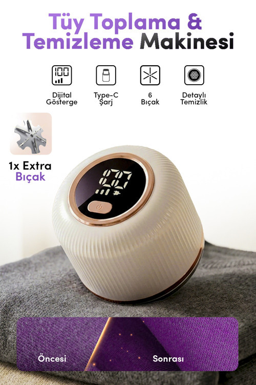 M116 Şarjlı Tüy Toplama Makinesi – 6 Bıçaklı, Dijital Ekranlı, Type-C Şarjlı Kumaş Tüy Temizle