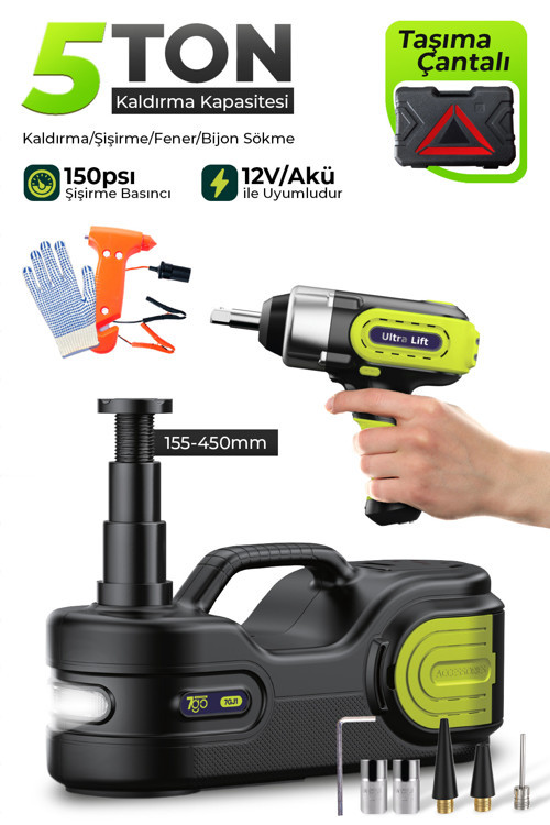 5 Ton 4in1 Profesyonel Elektrikli Hidrolik Kriko Seti - 12V Ultra Lift Kaldırma + Dijital Kompre