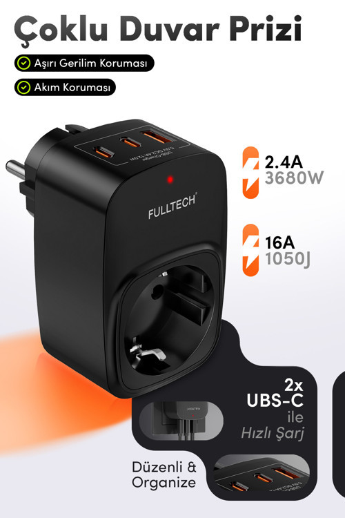 FTR-24 Çoklu Duvar Prizi 16A 3680W Siyah | 2x USB-C + 1x USB-A Şarjlı Priz | Akım Korumalı