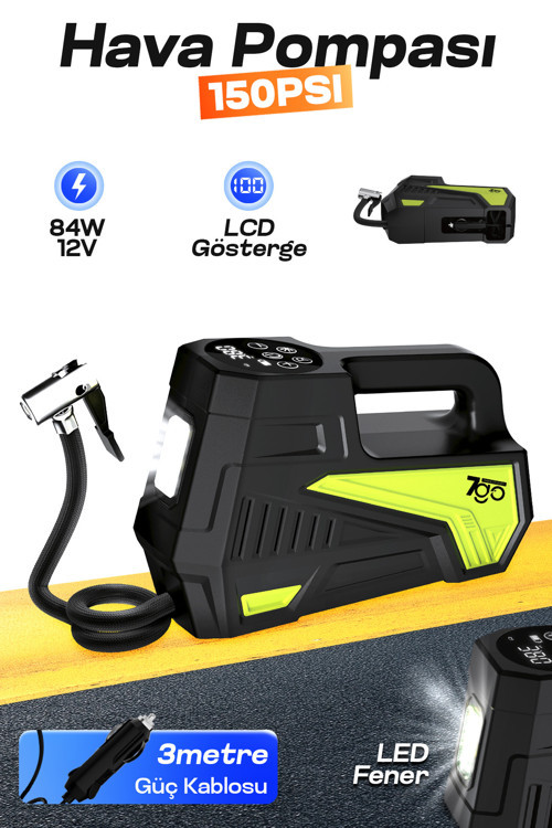 7A7 Turbo Boost 150 PSI Araç Hava Pompası – 12V Çakmaklık Girişli Dijital Lastik Şişirme Kompres