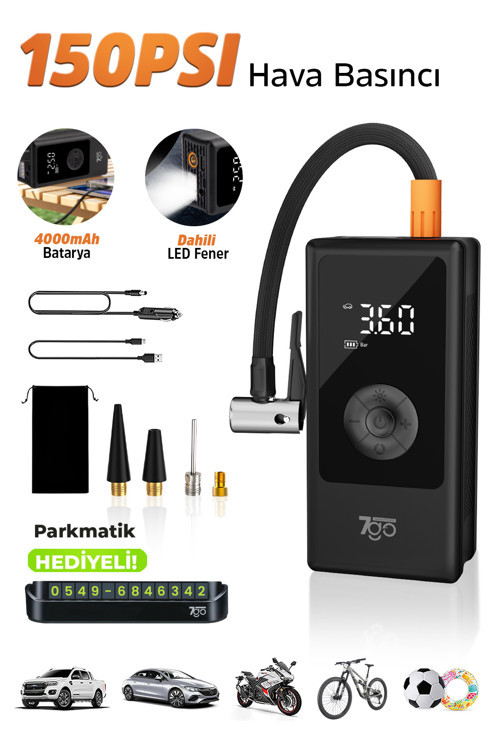 7A3 Hava Pompası & Powerbank | 150 PSI Ultra Basınç, LED Işıklı, LCD Ekranlı, 4000mAh Taşınabili