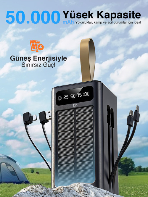 GPW-01 50.000 mAh Solar Powerbank – 22.5 W Hızlı Şarj, Dahili Kablolu, LED Ekranlı Taşınabilir Ş