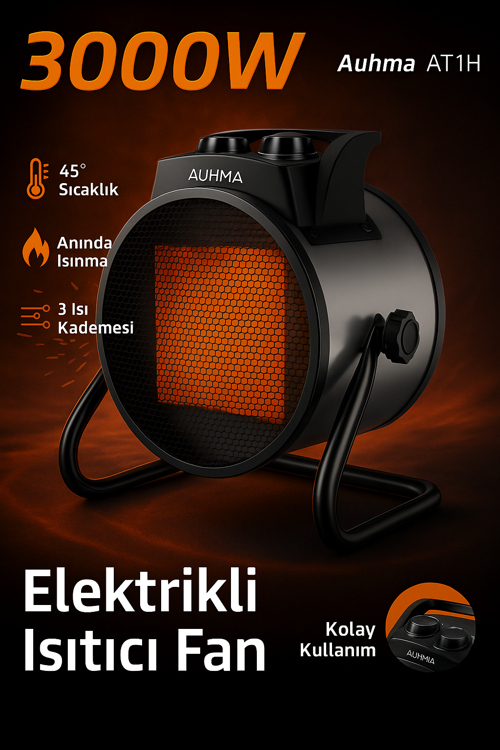 AT1H Elektrikli Isıtıcı Fan Gri | 3000W Hızlı Isınma, 3 Kademeli Ayar, Sessiz PTC Isıtma Tekno