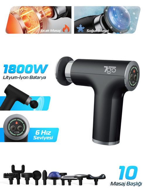 7GMG2 Sıcak & Soğuk Başlıklı Masaj Tabancası – 10 Başlık, 6 Kademeli, 1800mAh Lityum-İyon Pil