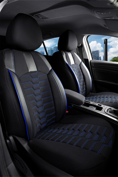 Renault Kangoo Express 2+1 Deri Detaylı Oto Koltuk Kılıfı Ön Arka Set Siyah Mavi Platinium Model FS