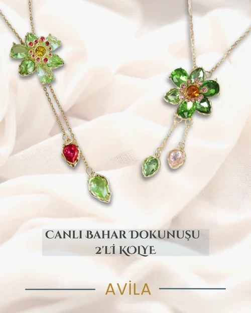 Çelik Zincirli 2’li Kolye Seti Yeşil Taşlı Çiçek ve Pembe Detaylı Model
