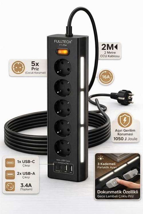 Fulltech FTR-26 5Li Akım Korumalı Priz 2 USB-A, 2 USB-C, 3 Kademeli Gece Lambası, 2 Metre Kablo - 36