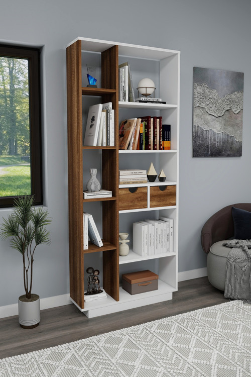 Luma 10 Bölmeli 2 Dolaplı Modern Kitaplık Beyaz Ceviz - Luma