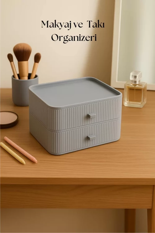 2 Katlı Çekmeceli Makyaj Organizeri & Çok Amaçlı Düzenleyici Gri