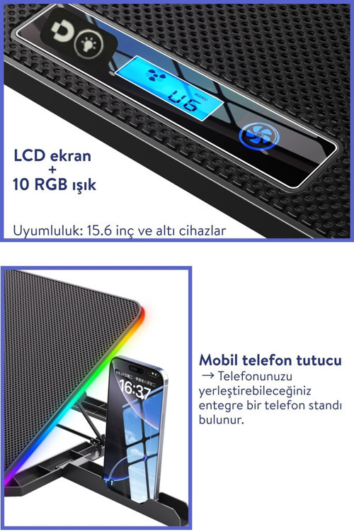 Nitro RGB Işıklı 8 Fanlı LCD Göstergeli 2 Usb Girişli Yükselebilen Notebook Soğutucu S23