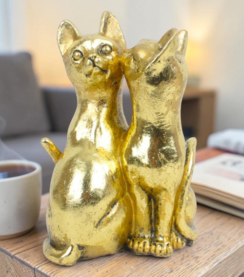 Lüks Polyester Gold 2li Kedi Biblo Dekoratif Ürün Ev Ofis Yeni Yıl Hediyesi Dekoratif Obje 17 cm.