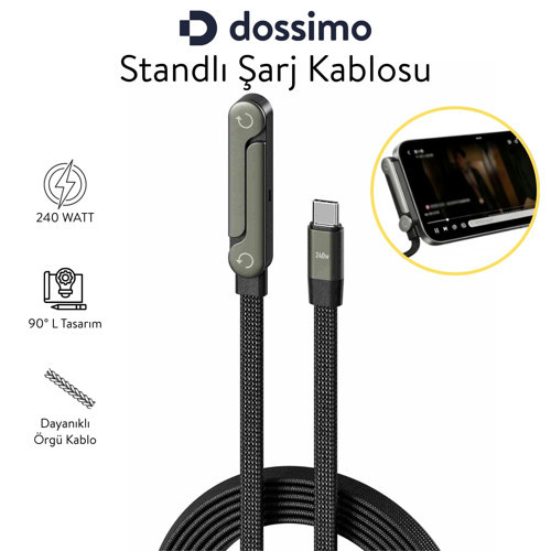 240W Ultra Hızlı Type-C Şarj Data Kablosu Katlanabilir Standlı 1.5M Örgülü 2 in 1 Stand+Şarj Kablosu