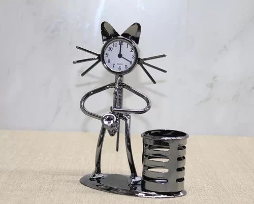 Metal Saksafon Çalan Kedi Müzisyen Saat Ve Kalemlik Alk4343