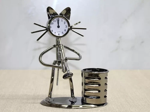 Metal Saksafon Çalan Kedi Müzisyen Saat Ve Kalemlik Alk4346