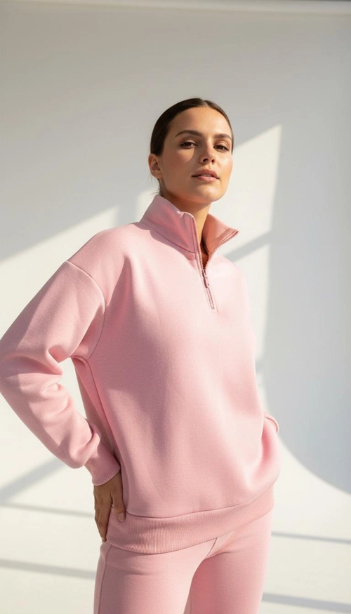 3 iplik Şardonlu yarım fermuarlı sweatshirt somon